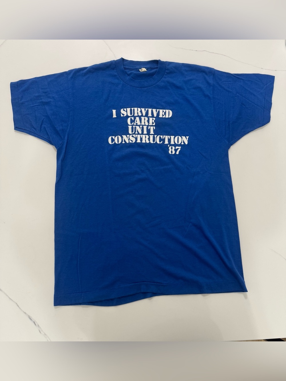 Vintage 1987 I Survived Care Unit Construction 87 T Shirt Screen Stars M Blue